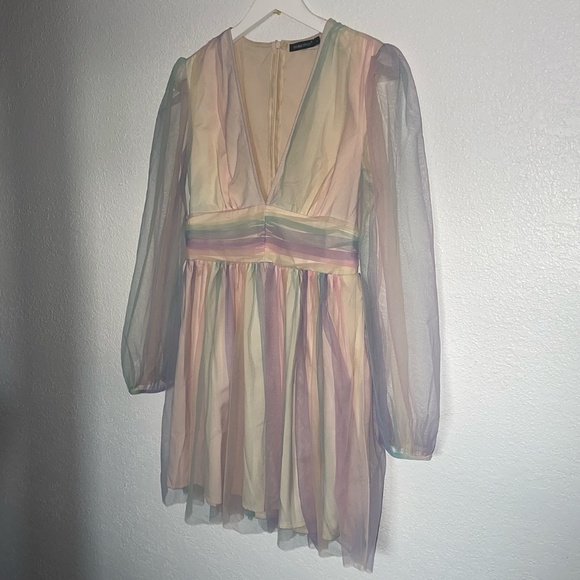 Deep V-Neck Long Puff Sleeve Pastel Dress Size Large | Coquette, Regencycore - Picture 2 of 9